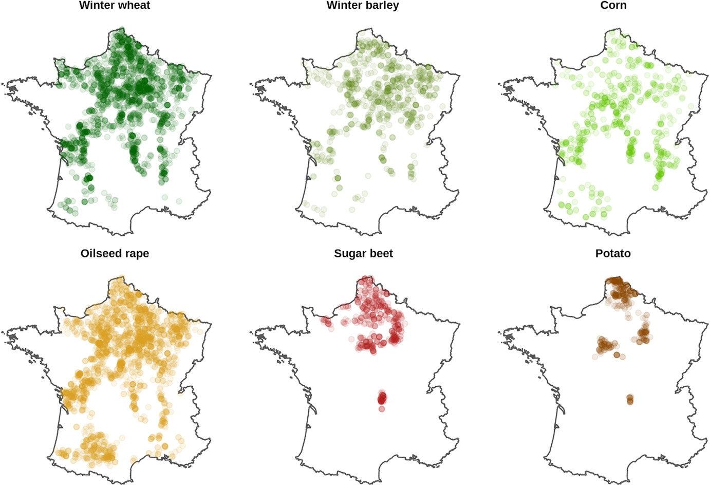 Spatial distribution of monitored plots (winter wheat, winter barley, maize, rape, sugar beet and potato)